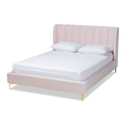 Baxton Studio Saverio Glam and Luxe Light Pink Velvet Fabric Upholstered Queen Size Platform Bed with Gold-Tone Legs